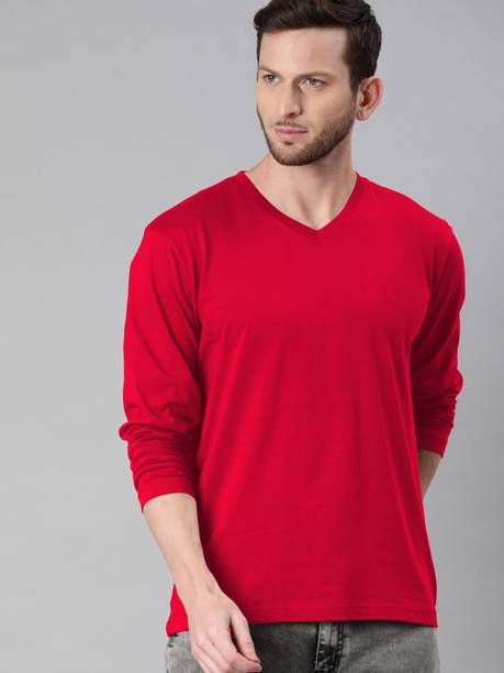 Men Solid V Neck Cotton Blend Red T-Shirt