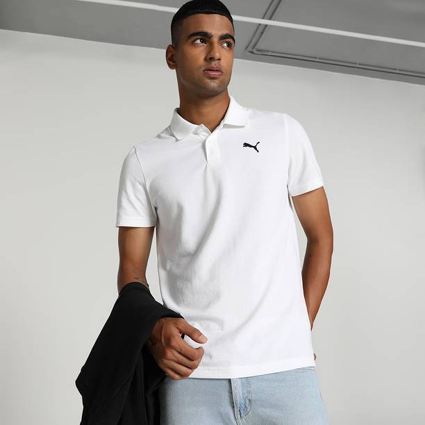 Men Solid Polo Neck Pure Cotton White T-Shirt