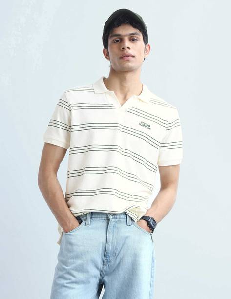 Men Striped Polo Neck Pure Cotton White T-Shirt