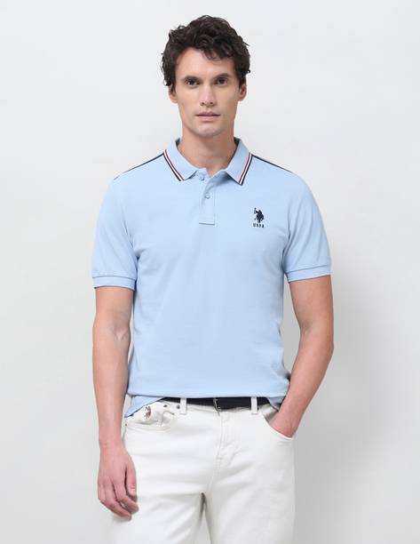 Men Printed Polo Neck Pure Cotton Blue T-Shirt