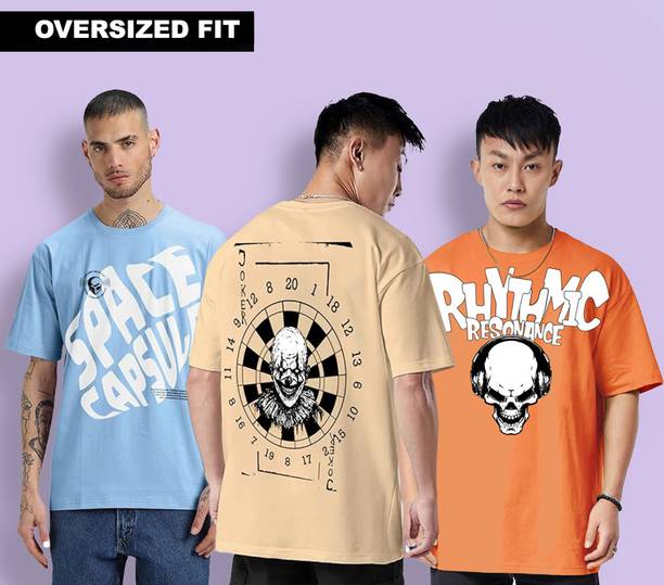 Veirdo Pack of 3 Oversized Men Printed Round Neck Pure Cotton Multicolor T-Shirt