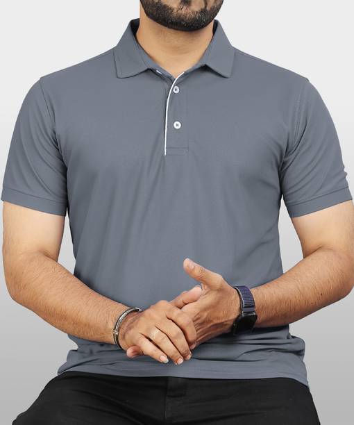 VeBNoR Men Solid Polo Neck Polyester Grey T-Shirt