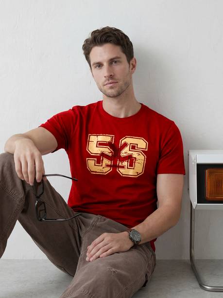 Men Printed Crew Neck Pure Cotton Red T-Shirt