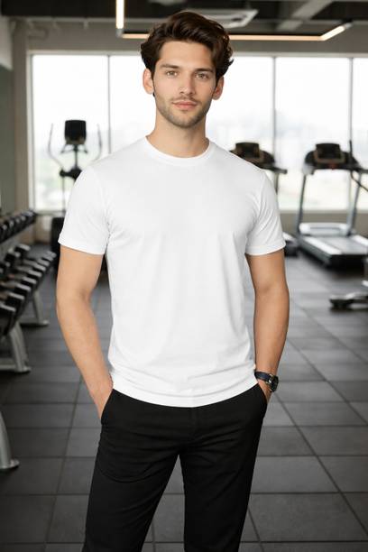 Moda Rapido Men Self Design, Solid Round Neck Polyester White T-Shirt
