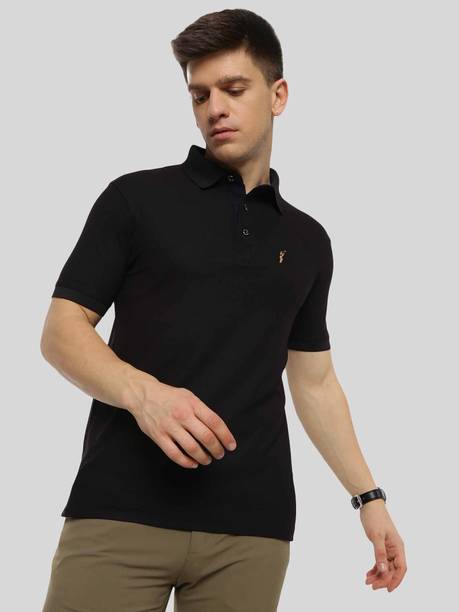 Stellers Men Solid Polo Neck Polyester Black T-Shirt