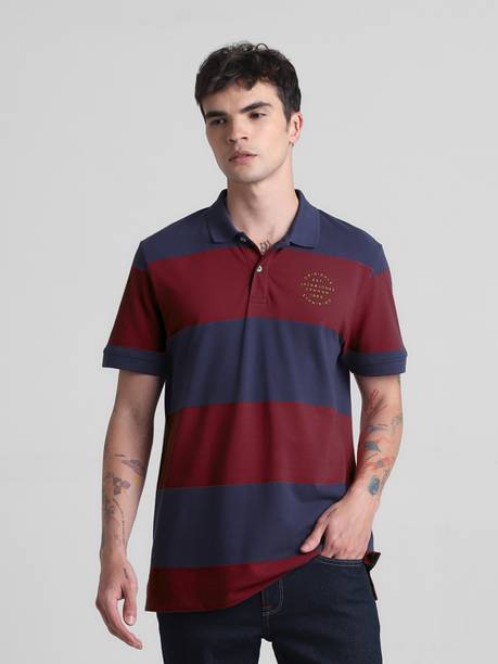 JACK & JONES Men Striped Polo Neck Cotton Blend Red T-Shirt