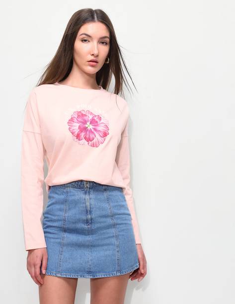 Women Floral Print Crew Neck Pure Cotton Pink T-Shirt