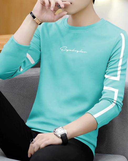 EyeBogler Men Typography Round Neck Cotton Blend Light Blue T-Shi...
