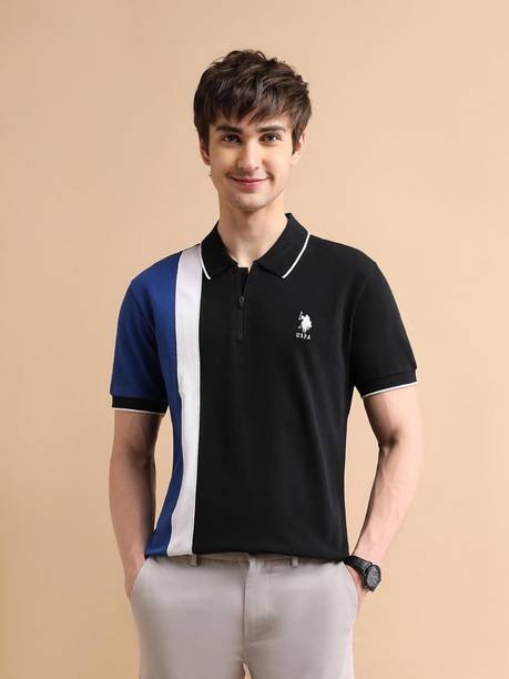 Men Colorblock Polo Neck Pure Cotton Black T-Shirt