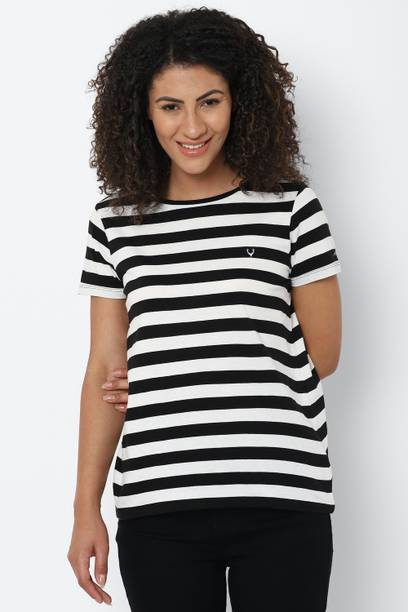 Women Striped Round Neck Pure Cotton Black T-Shirt