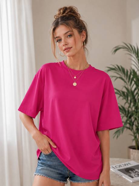 Women Solid Round Neck Cotton Blend Pink T-Shirt