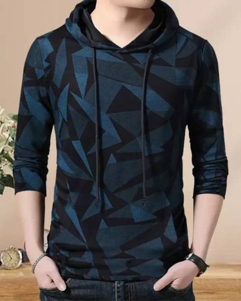 Men Solid Hooded Neck Cotton Blend Light Blue T-Shirt Price in India