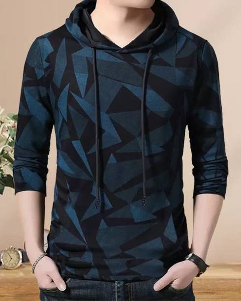 Men Solid Hooded Neck Cotton Blend Light Blue T-Shirt
