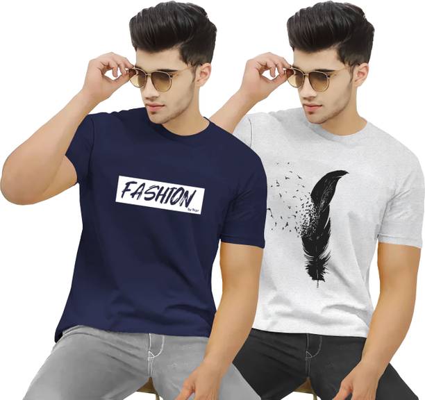 Pack of 2 Men Printed Round Neck Cotton Blend Navy Blue, Grey T-Shirt