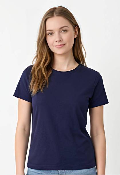 Women Solid Round Neck Polyester Dark Blue T-Shirt