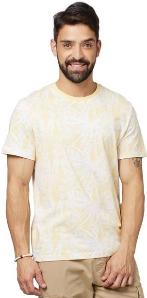 Men Printed Round Neck Pure Cotton Yellow T-Shirt