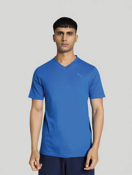 Men Solid V Neck Pure Cotton Blue T-Shirt