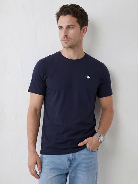 Men Solid Crew Neck Pure Cotton Navy Blue T-Shirt