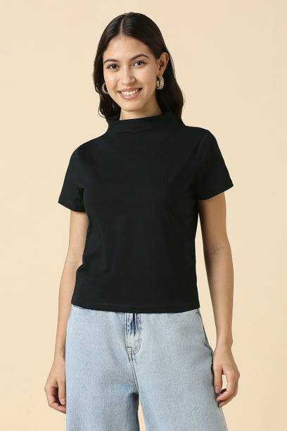 Women Solid Round Neck Cotton Blend Black T-Shirt