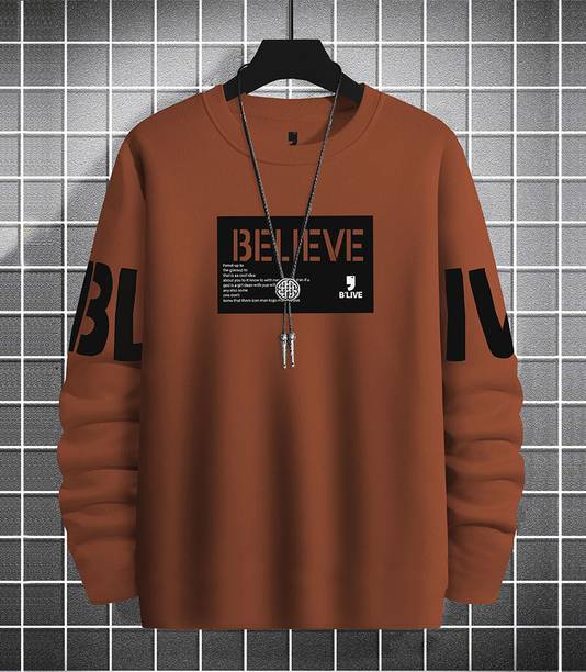 Men Typography Round Neck Cotton Blend Brown T-Shirt