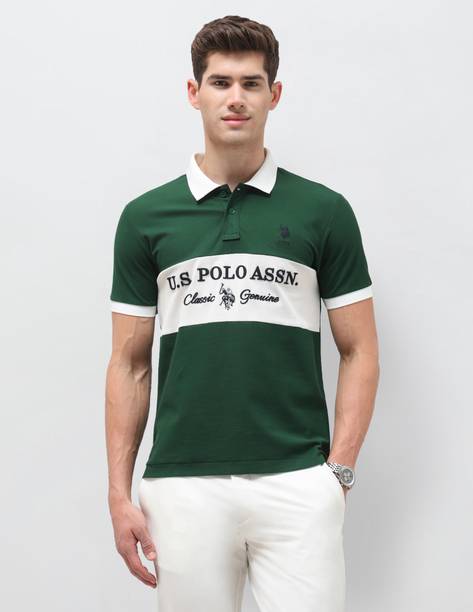 Men Colorblock Polo Neck Pure Cotton Green T-Shirt
