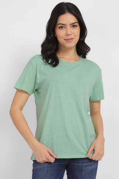 Women Solid Round Neck Cotton Blend Green T-Shirt