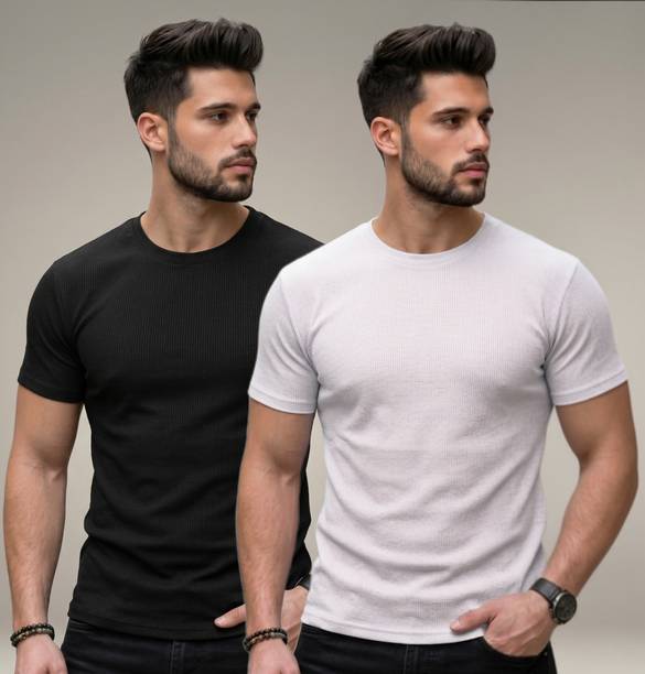 Men's Self Design Round Neck Polyester T-Shirt