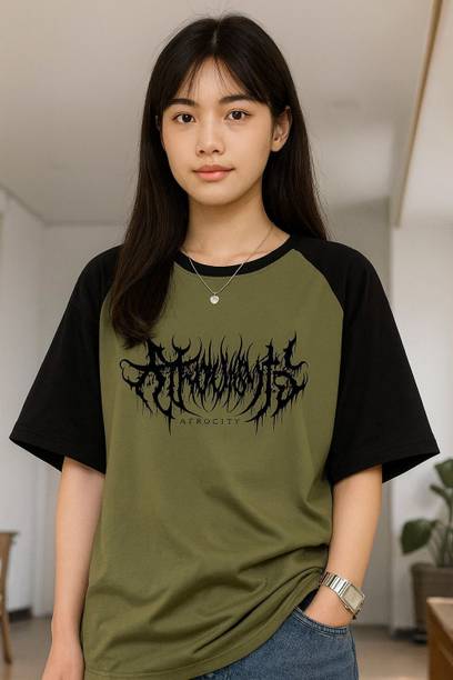 Women Printed, Typography Round Neck Reversible Cotton Blend Green T-Shirt