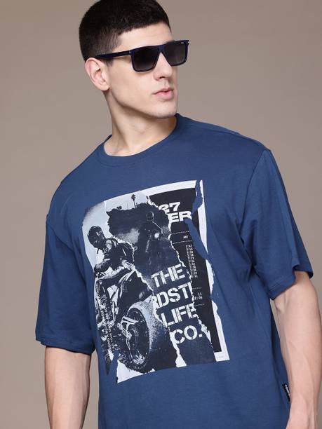 Roadster Men Printed Round Neck Pure Cotton Blue T-Shirt