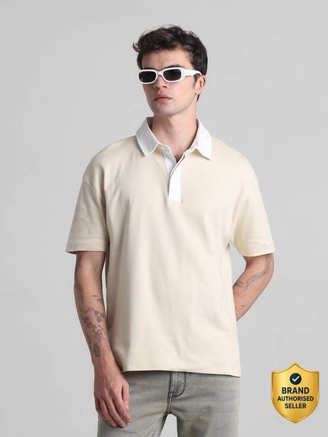 JACK & JONES Men Solid Polo Neck Cotton Blend Beige T-Shirt