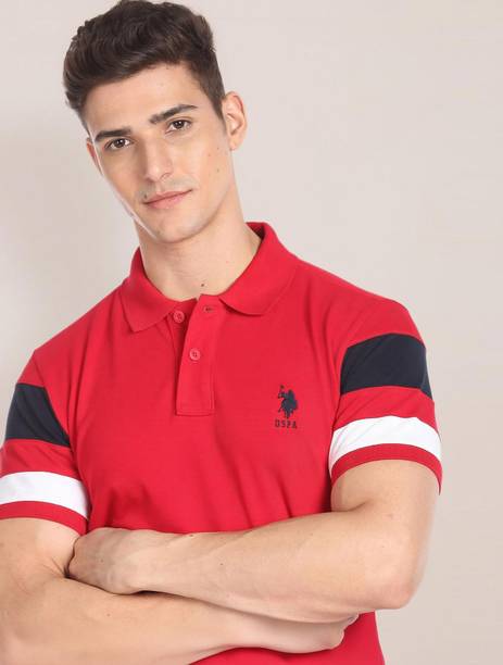 Men Striped Polo Neck Pure Cotton Red T-Shirt