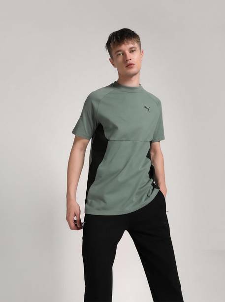 Men Colorblock Crew Neck Cotton Blend Green T-Shirt