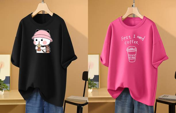 Pack of 2 Women Printed Round Neck Cotton Blend Black, Pink T-Shirt