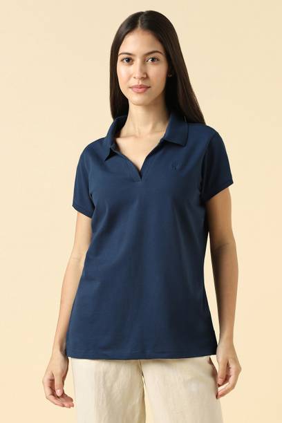 Women Solid Polo Neck Cotton Blend Light Blue T-Shirt