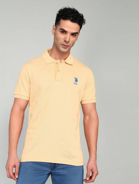 Men Solid Polo Neck Pure Cotton Beige T-Shirt