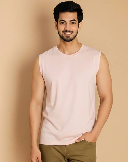 Bribzy Solid Men Round Neck Pink T-Shirt