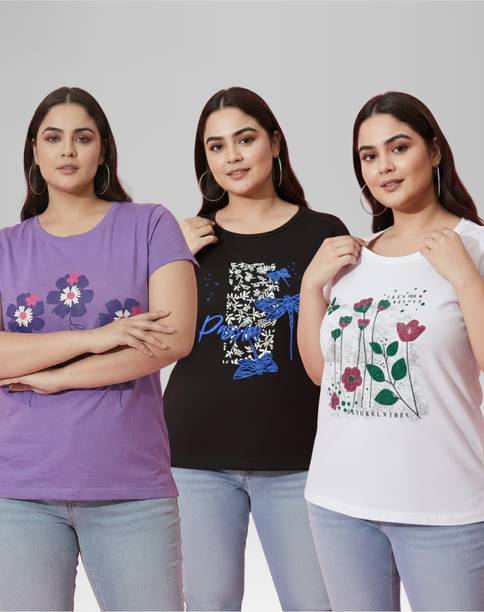 Pack of 3 Women Printed Round Neck Cotton Blend Black, White, Purple T-Shirt