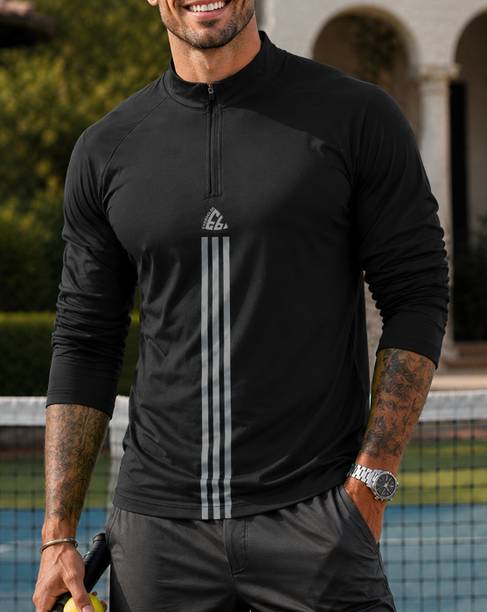 Men Colorblock Round Neck Polyester Black T-Shirt