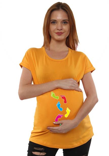Women Printed Round Neck Cotton Blend Yellow T-Shirt
