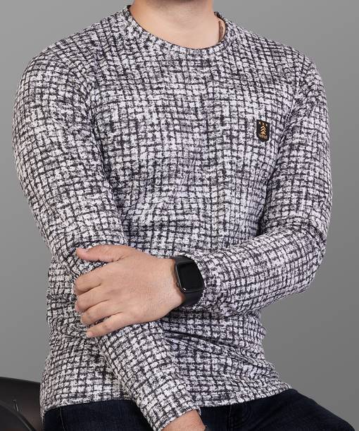 Men Checkered Round Neck Poly Cotton Grey T-Shirt