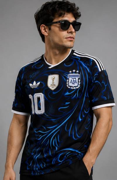 Men Printed V Neck Polyester Blue T-Shirt