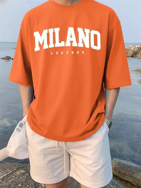 Men Printed Round Neck Cotton Blend Orange T-Shirt