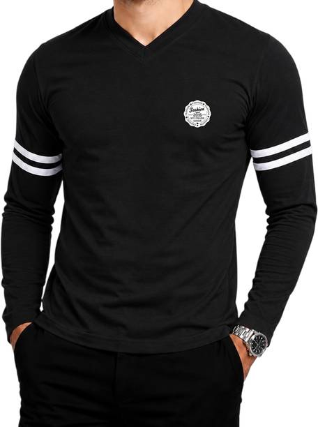 Men Graphic Print V Neck Cotton Blend Black T-Shirt