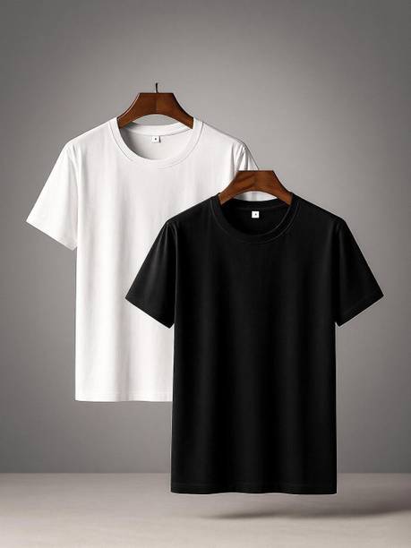 Pack of 2 Men Solid Round Neck Cotton Blend Black, White T-Shirt