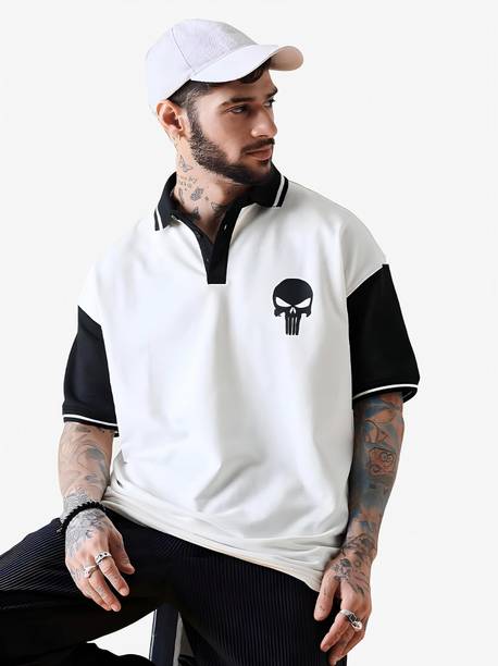 Men Self Design Polo Neck Cotton Blend Black, White T-Shirt