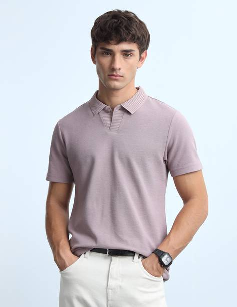 Men Solid Polo Neck Polyester Pink T-Shirt