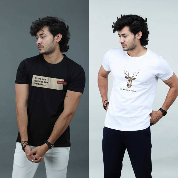 Pack of 2 Men Graphic Print Round Neck Poly Cotton Black, White T-Shirt
