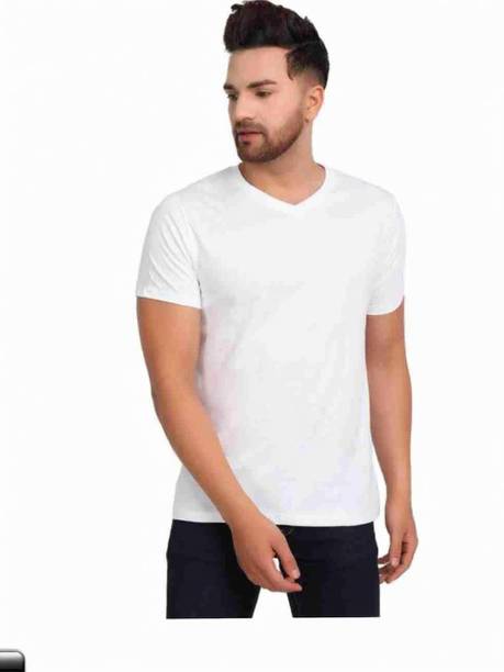 Men Solid V Neck Cotton Blend Grey T-Shirt