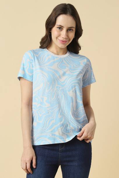 Women Printed Round Neck Pure Cotton Light Blue T-Shirt