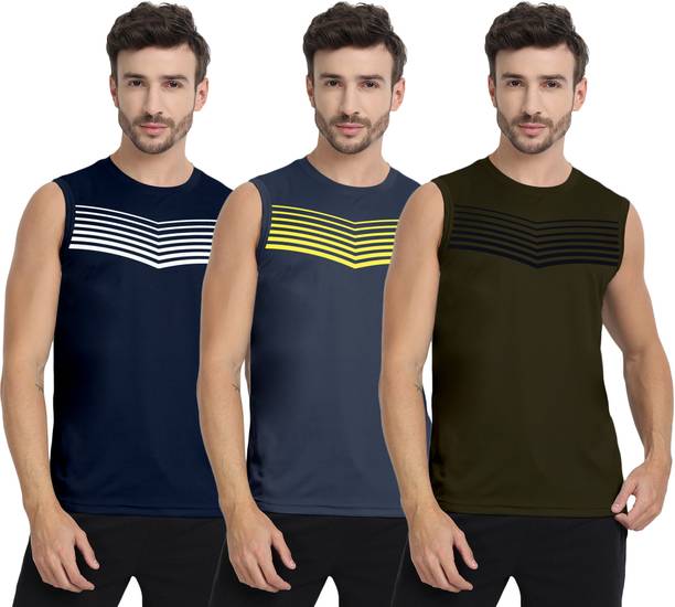 Pack of 3 Men Printed Round Neck Polyester Navy Blue, Grey, Dark Green T-Shirt